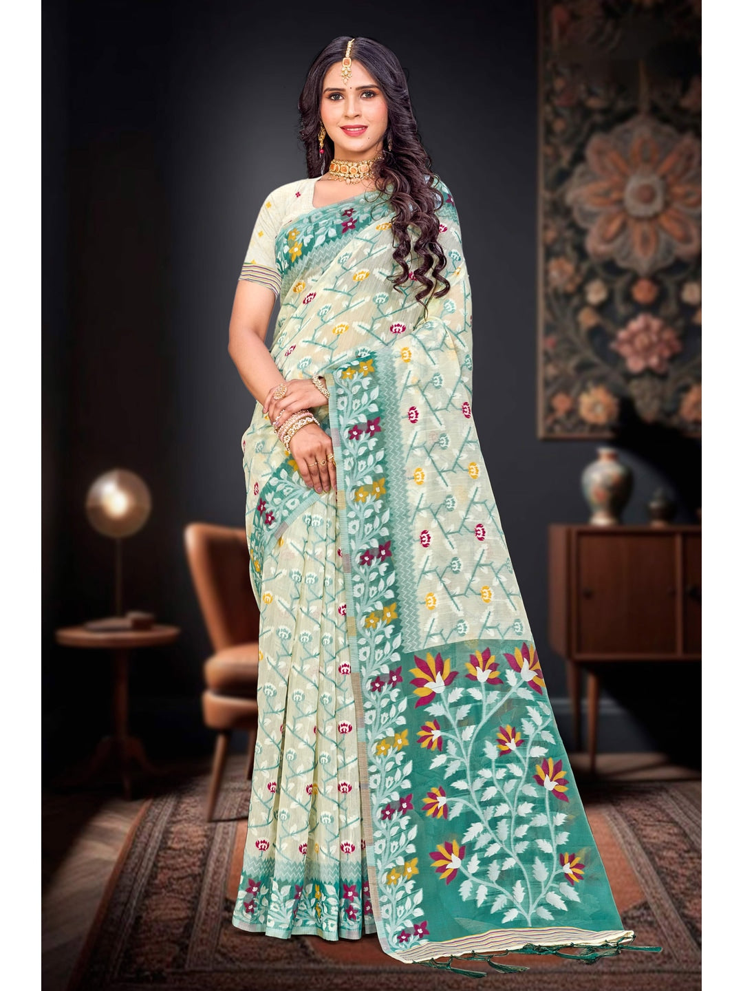 Peachmode Mint Green Cotton Blend Saree - Image 1