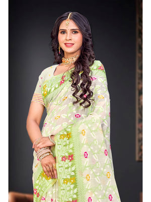 Peachmode Parrot Green Cotton Blend Saree - Image 2
