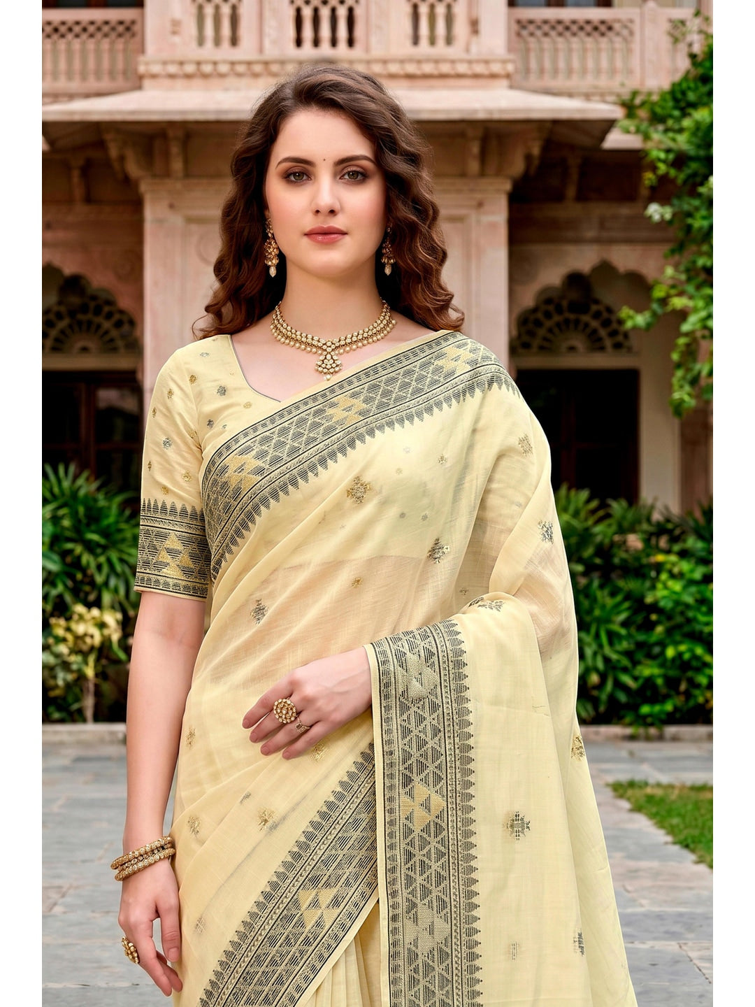 Peachmode Light Yellow Cotton Blend Kashvi Cotton Saree - Image 3