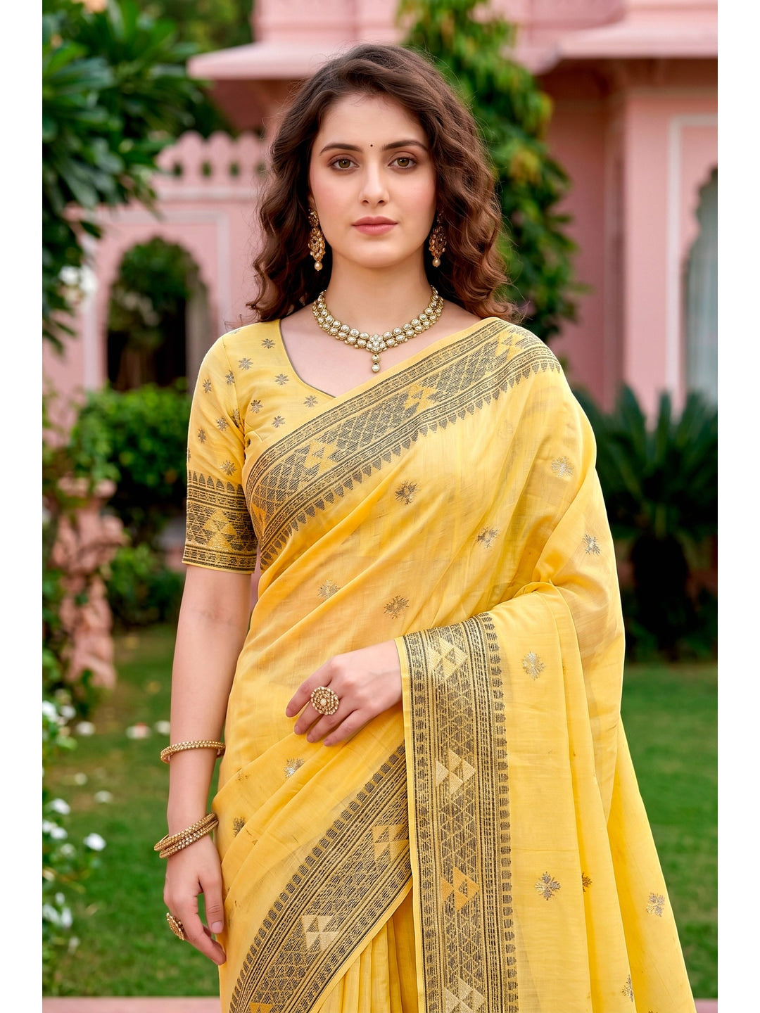 Peachmode Yellow Cotton Blend Kashvi Cotton Saree - Image 3