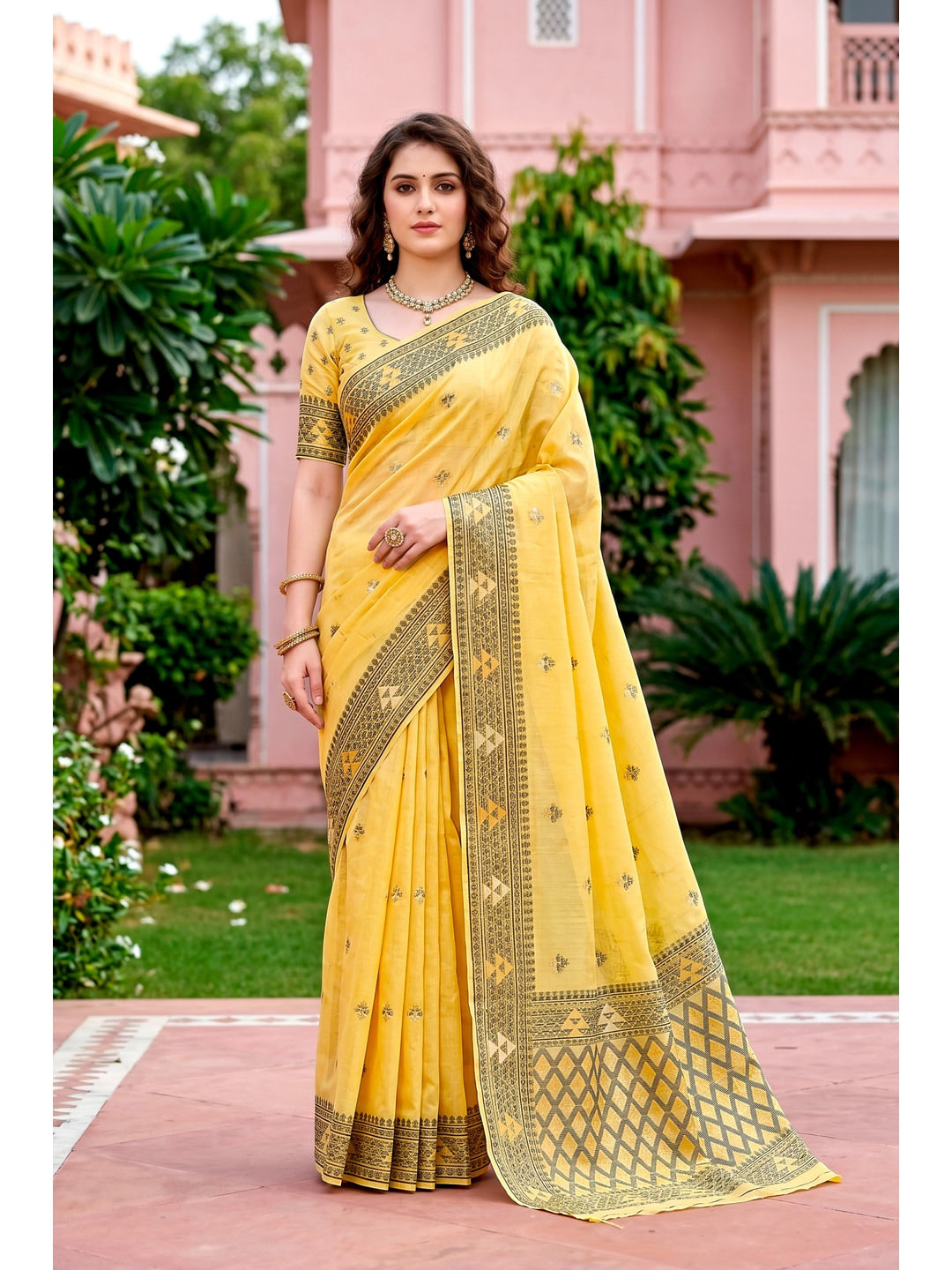 Peachmode Yellow Cotton Blend Kashvi Cotton Saree - Image 1