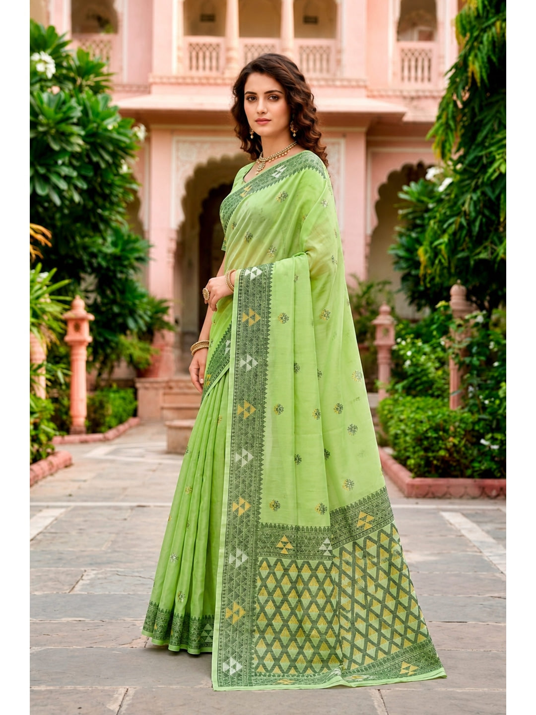 Peachmode Green Cotton Blend Kashvi Cotton Saree - Image 2