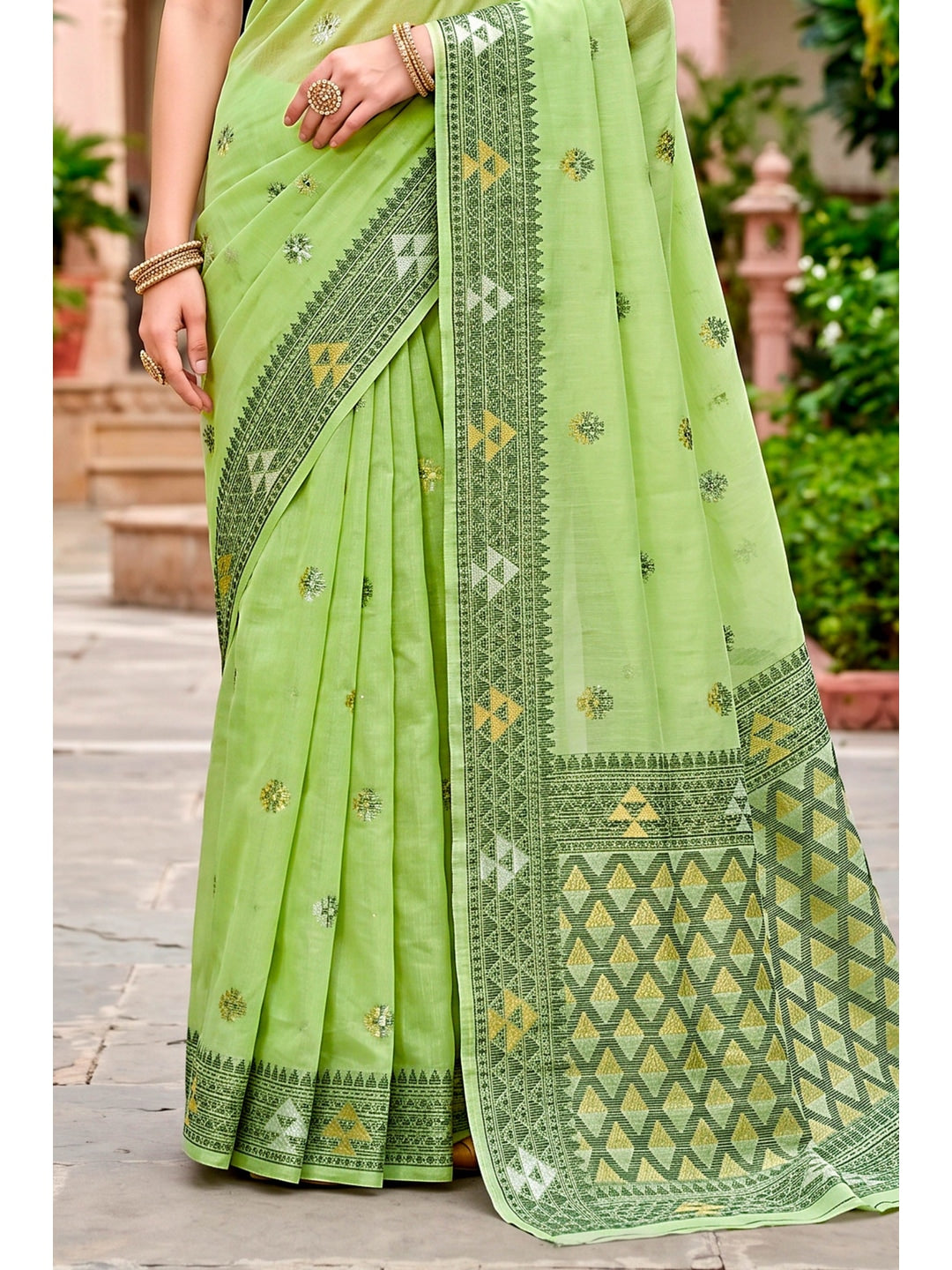 Peachmode Green Cotton Blend Kashvi Cotton Saree - Image 4
