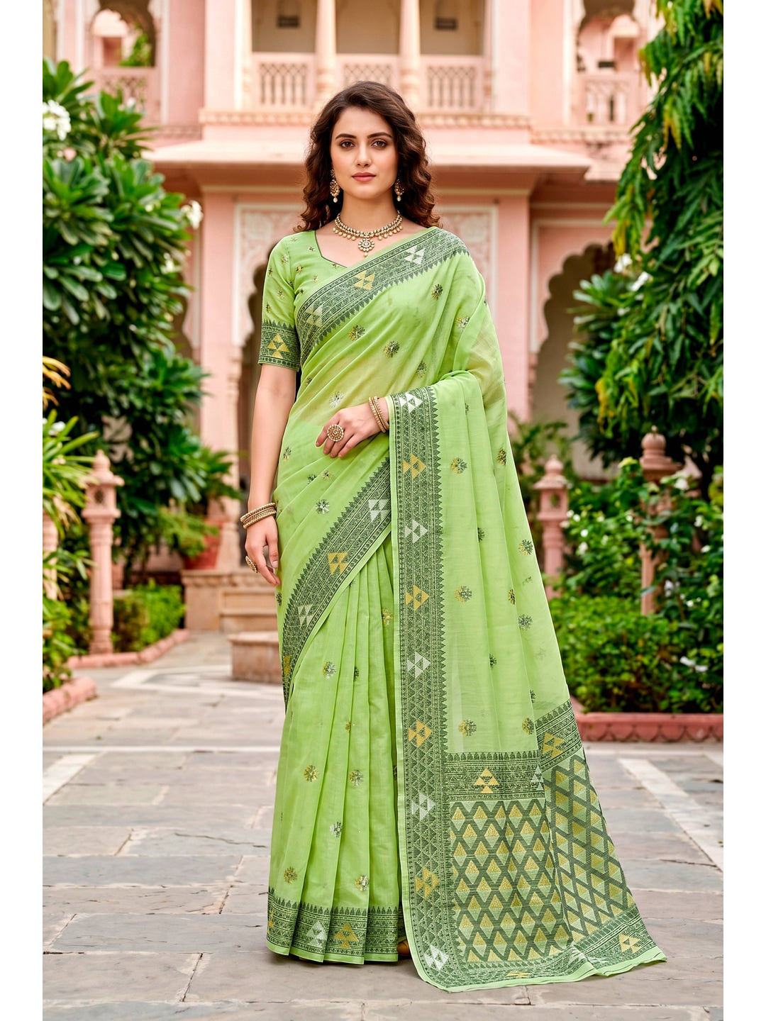 Peachmode Green Cotton Blend Kashvi Cotton Saree - Image 1