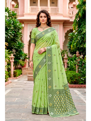 Peachmode Green Cotton Blend Kashvi Cotton Saree - Image 1