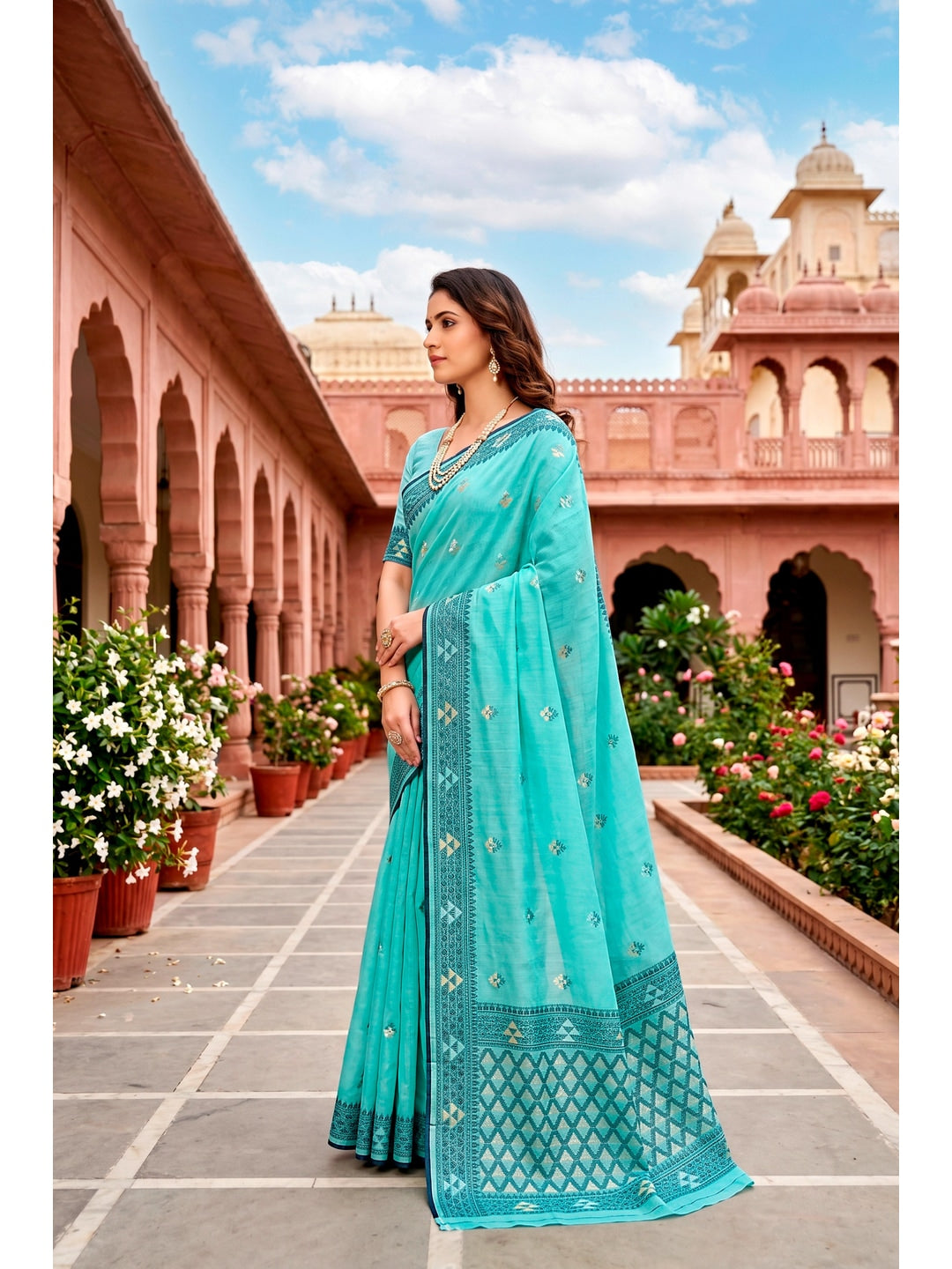 Peachmode Teal Blue Cotton Blend Kashvi Cotton Saree - Image 2