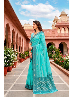 Peachmode Teal Blue Cotton Blend Kashvi Cotton Saree - Image 2