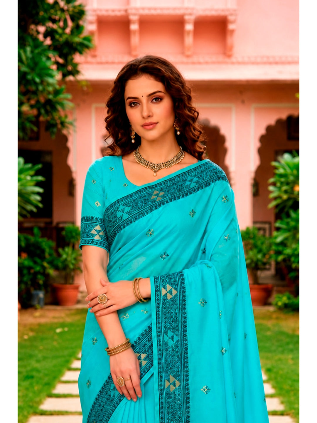 Peachmode Teal Blue Cotton Blend Kashvi Cotton Saree - Image 3