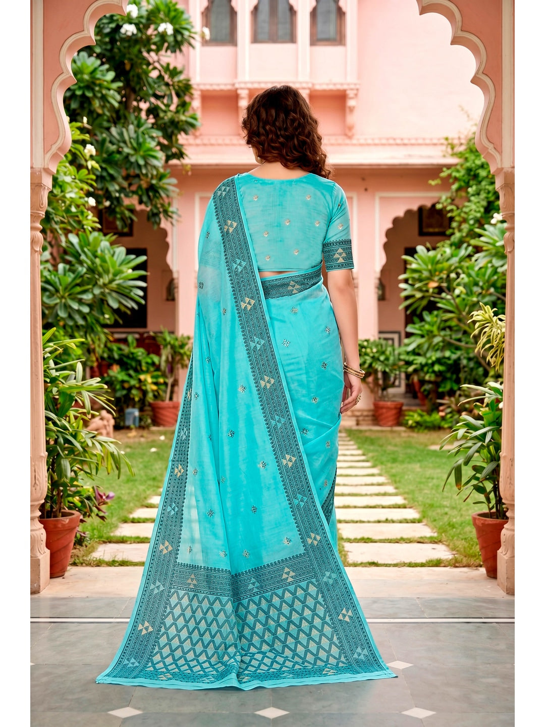 Peachmode Teal Blue Cotton Blend Kashvi Cotton Saree - Image 5