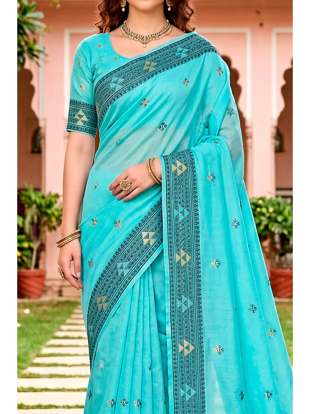 Peachmode Teal Blue Cotton Blend Kashvi Cotton Saree - Image 6