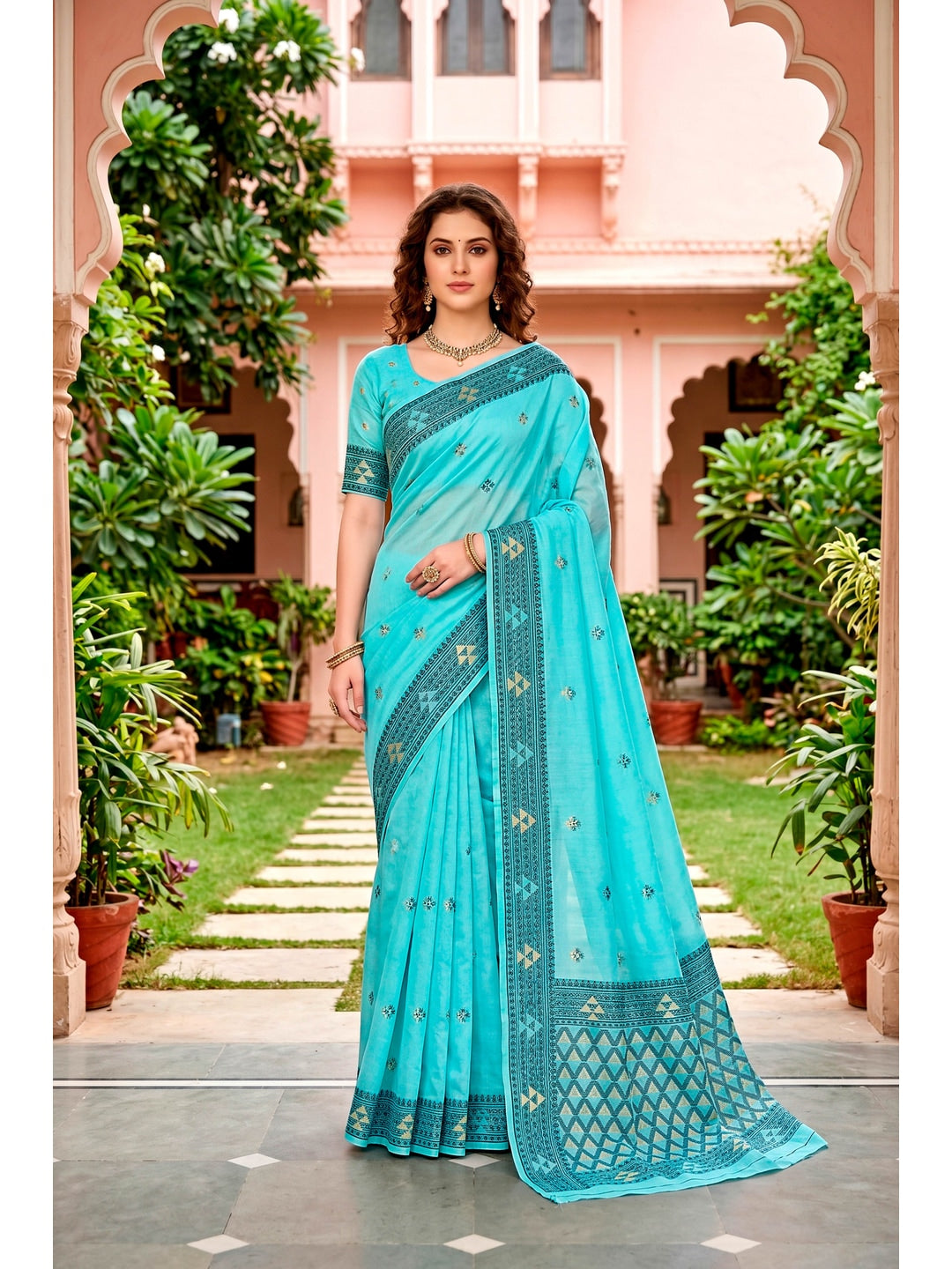 Peachmode Teal Blue Cotton Blend Kashvi Cotton Saree - Image 1