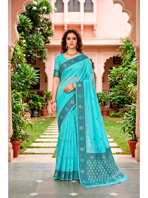 Peachmode Teal Blue Cotton Blend Kashvi Cotton Saree - Image 1
