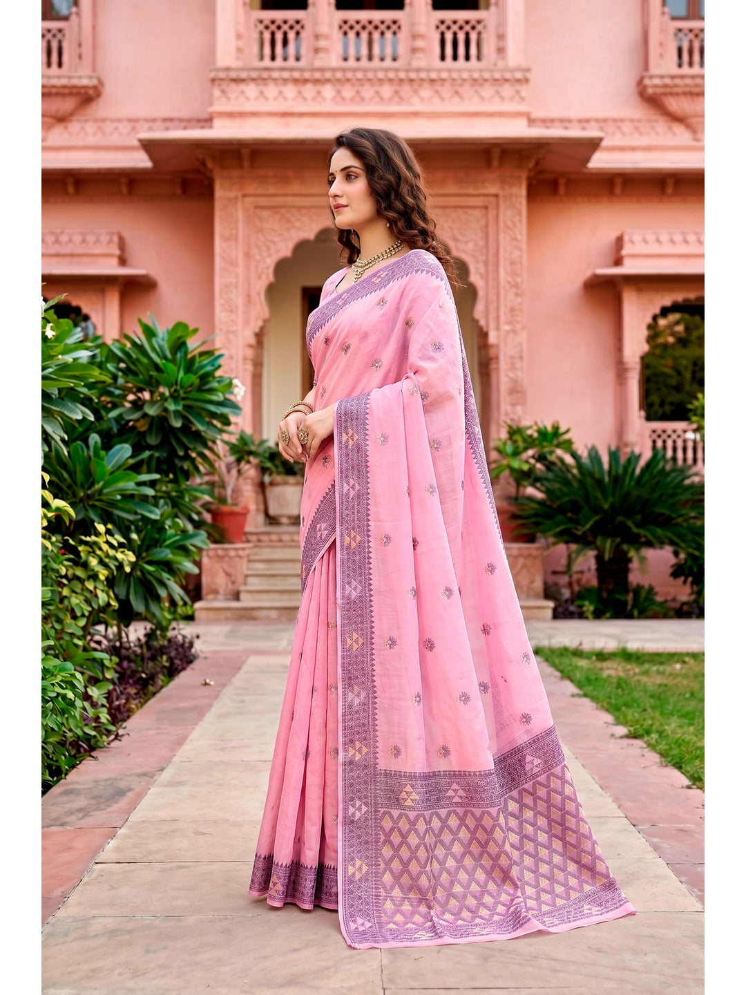 Peachmode Pink Cotton Blend Kashvi Cotton Saree - Image 2