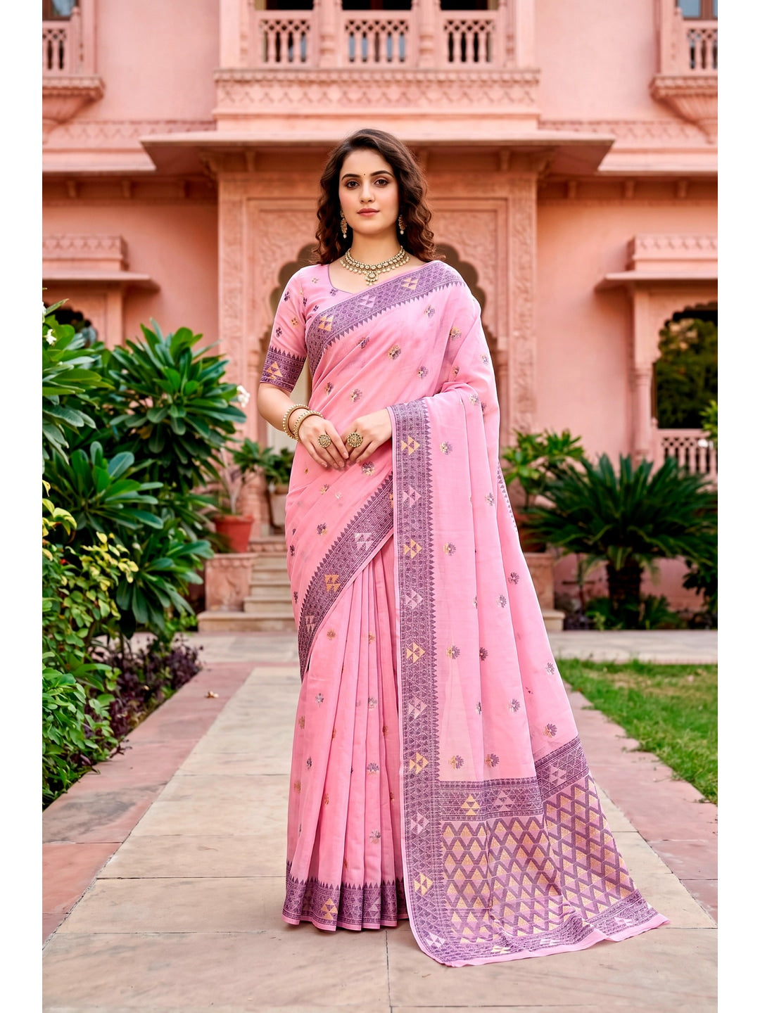 Peachmode Pink Cotton Blend Kashvi Cotton Saree - Image 1