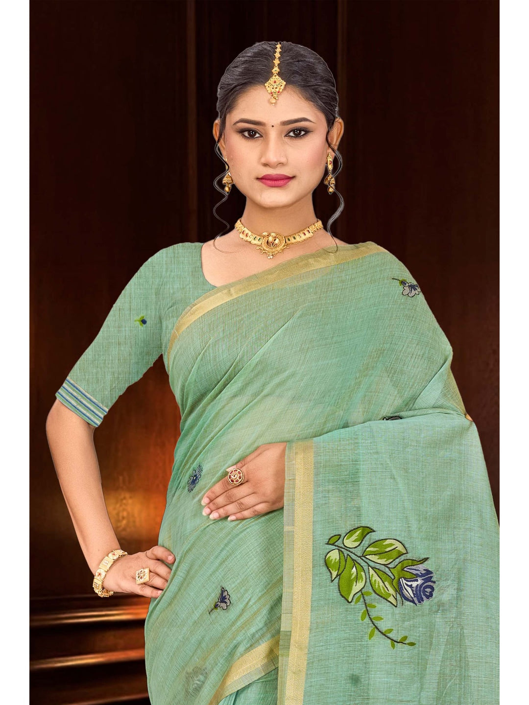 Peachmode Green Cotton Blend Katha Saree - Image 2