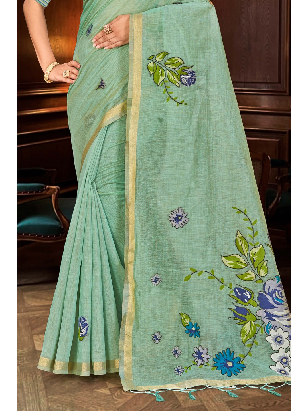 Peachmode Green Cotton Blend Katha Saree - Image 3