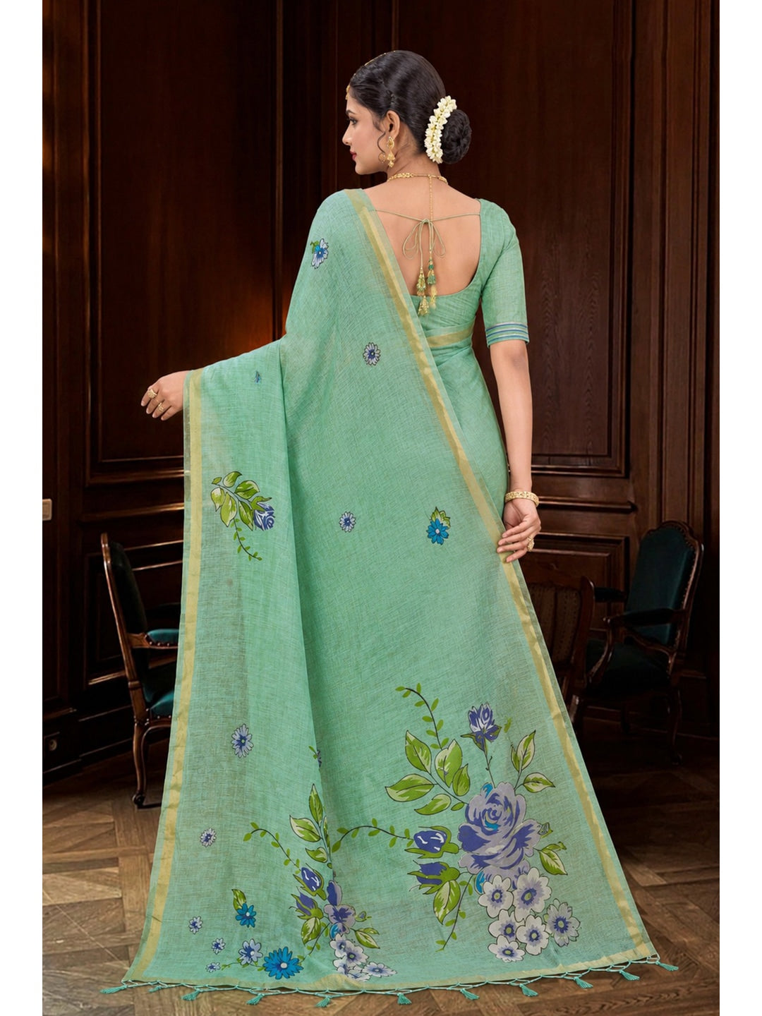 Peachmode Green Cotton Blend Katha Saree - Image 4