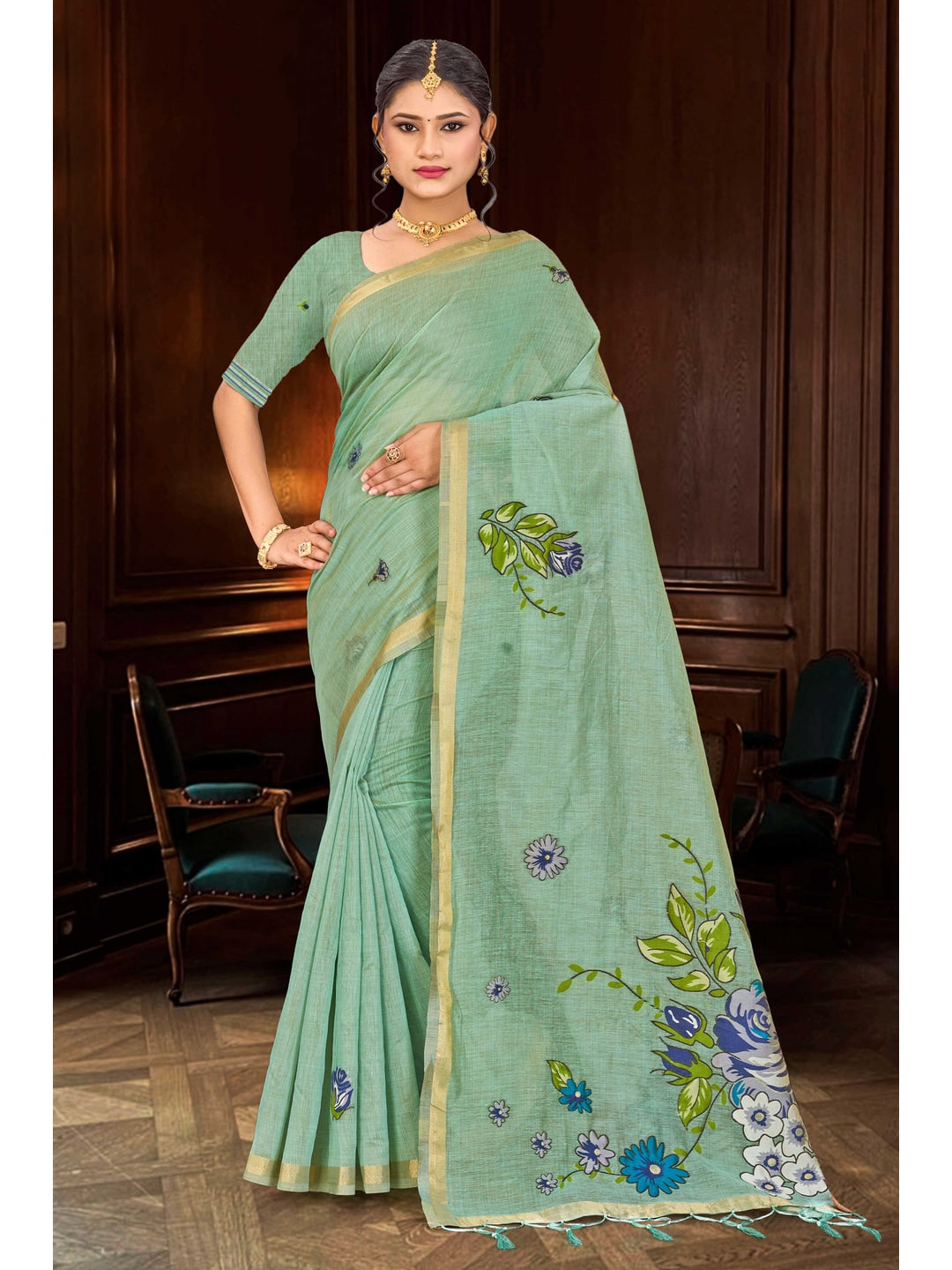 Peachmode Green Cotton Blend Katha Saree - Image 1