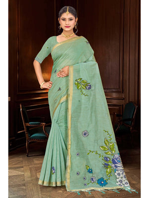 Peachmode Green Cotton Blend Katha Saree - Image 1