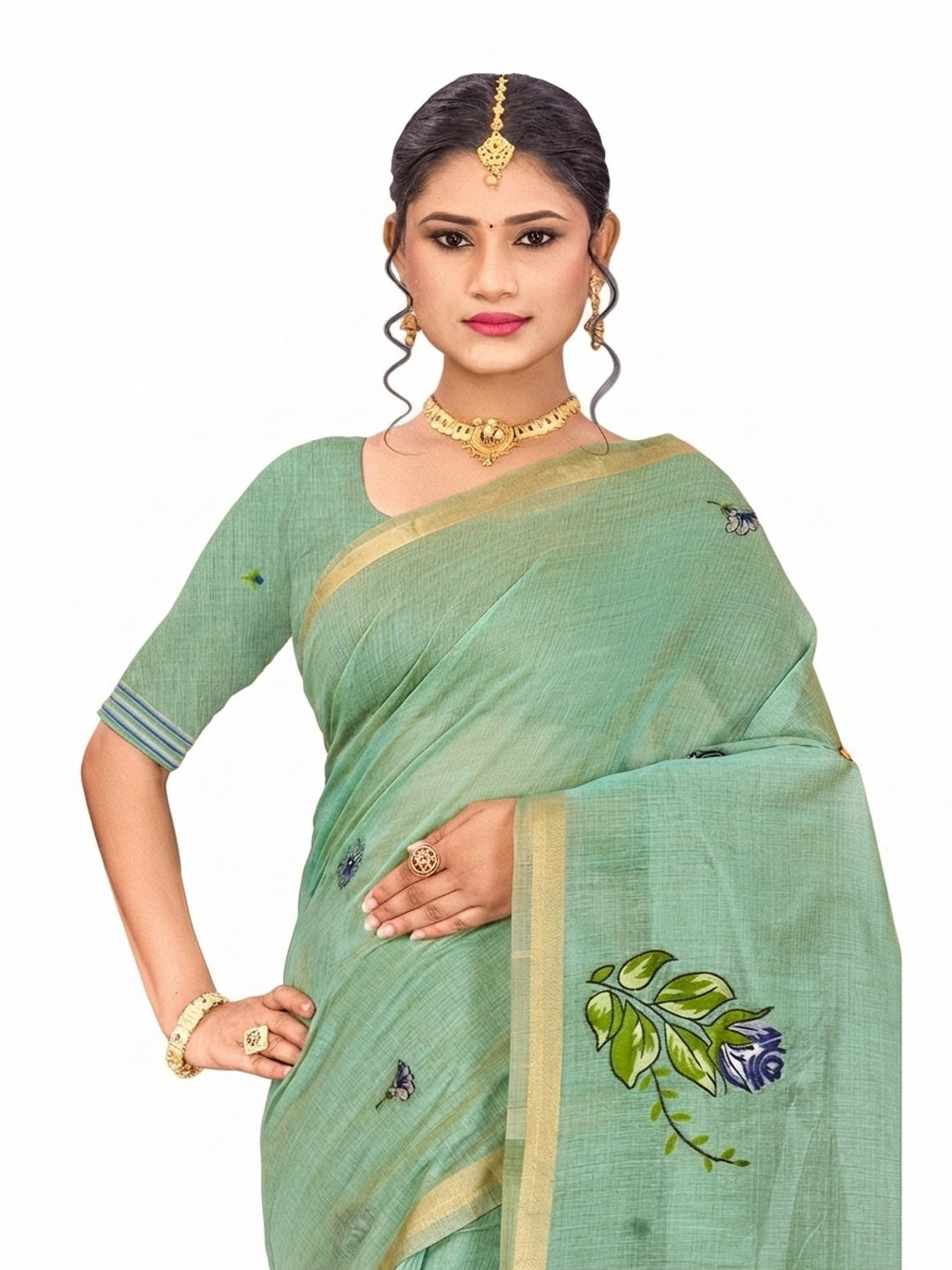 Peachmode Green Cotton Blend Katha Saree - Image 6