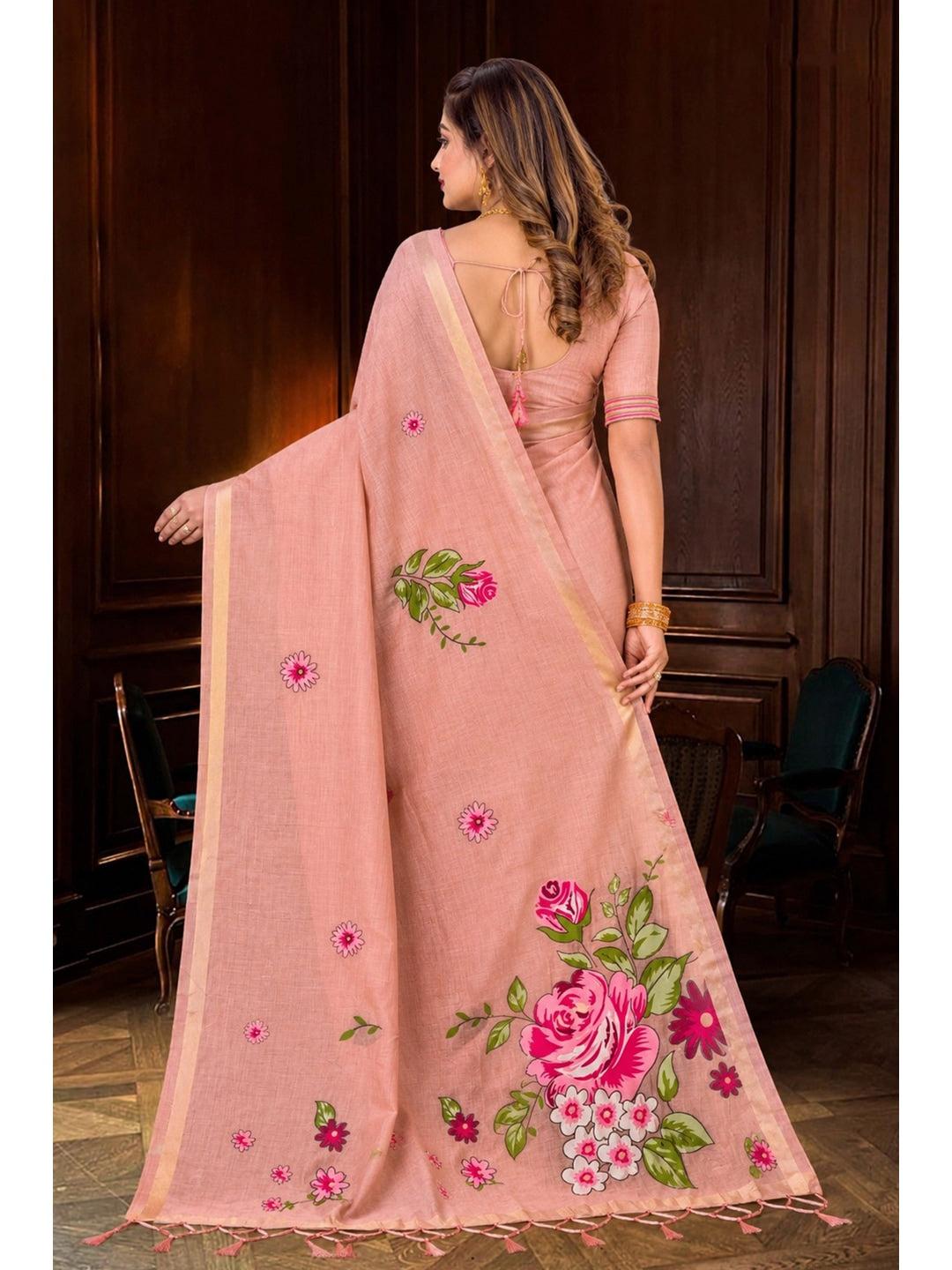 Peachmode Peach Cotton Blend Katha Saree - Image 4