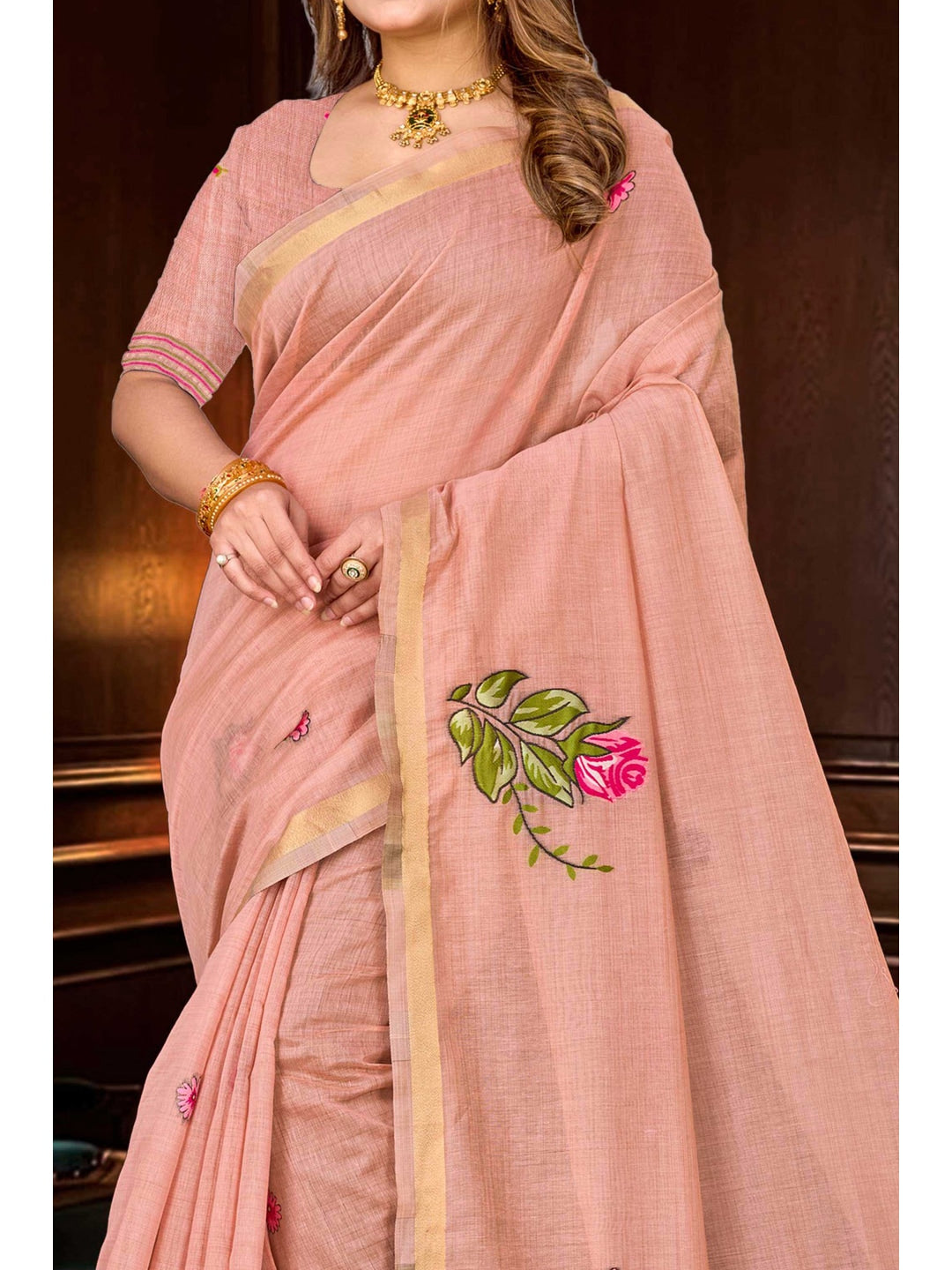 Peachmode Peach Cotton Blend Katha Saree - Image 5