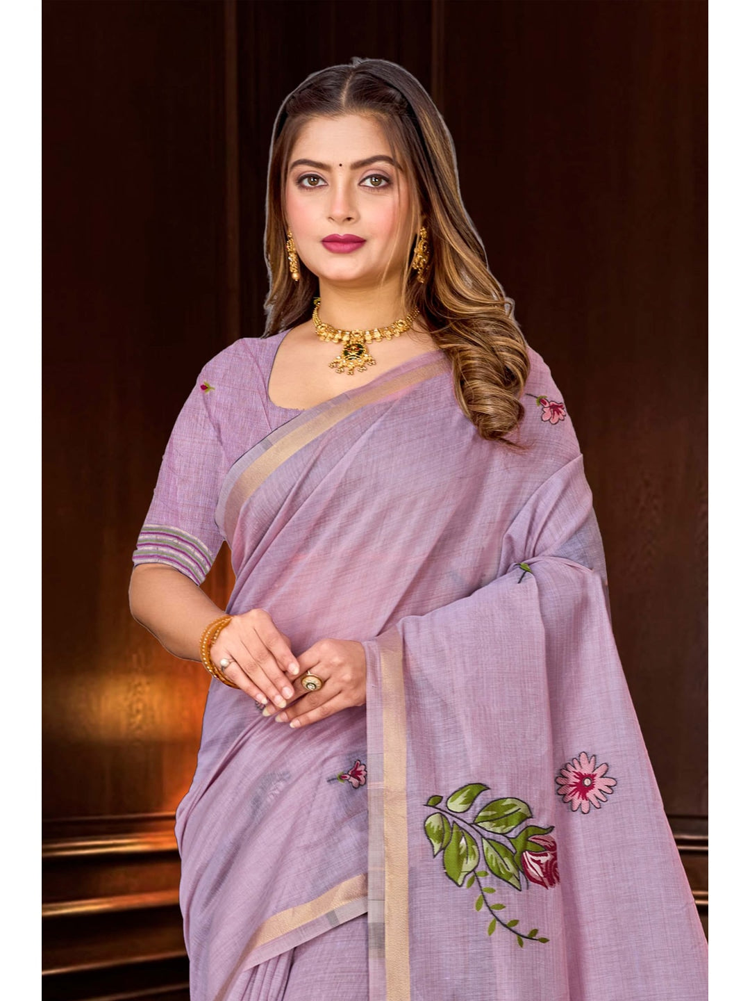 Peachmode Lavender Cotton Blend Katha Saree - Image 2