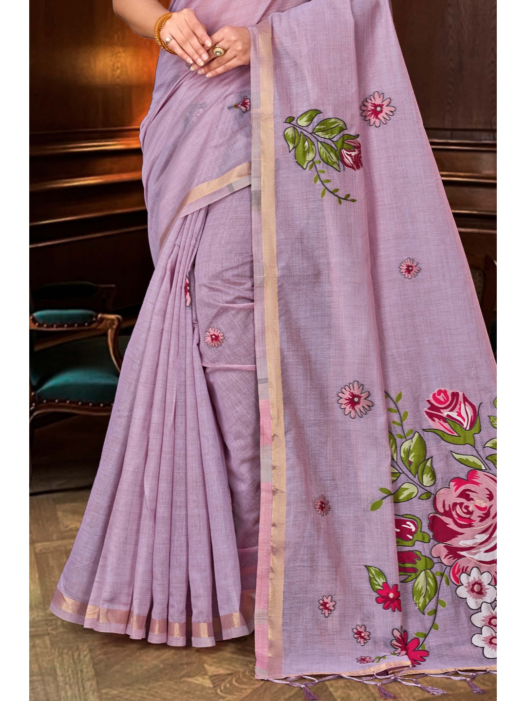 Peachmode Lavender Cotton Blend Katha Saree - Image 3