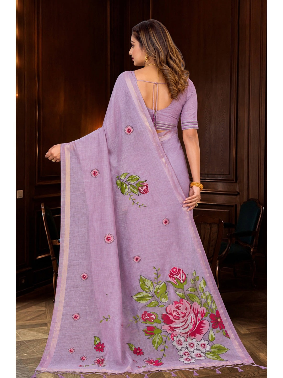 Peachmode Lavender Cotton Blend Katha Saree - Image 4