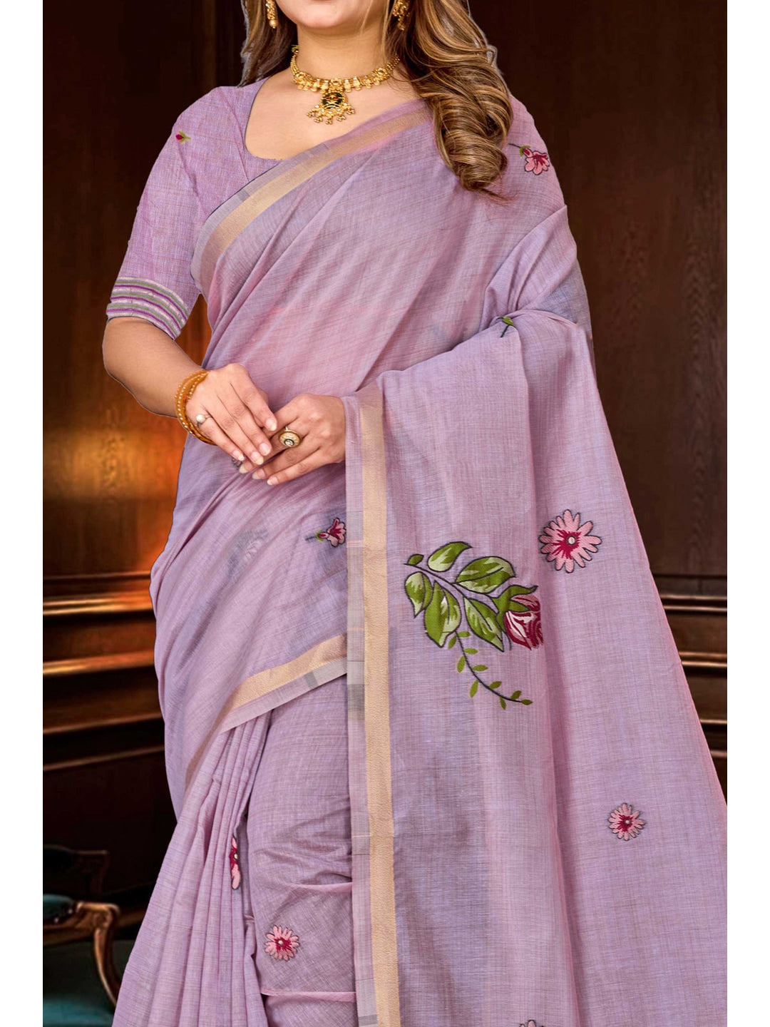 Peachmode Lavender Cotton Blend Katha Saree - Image 5