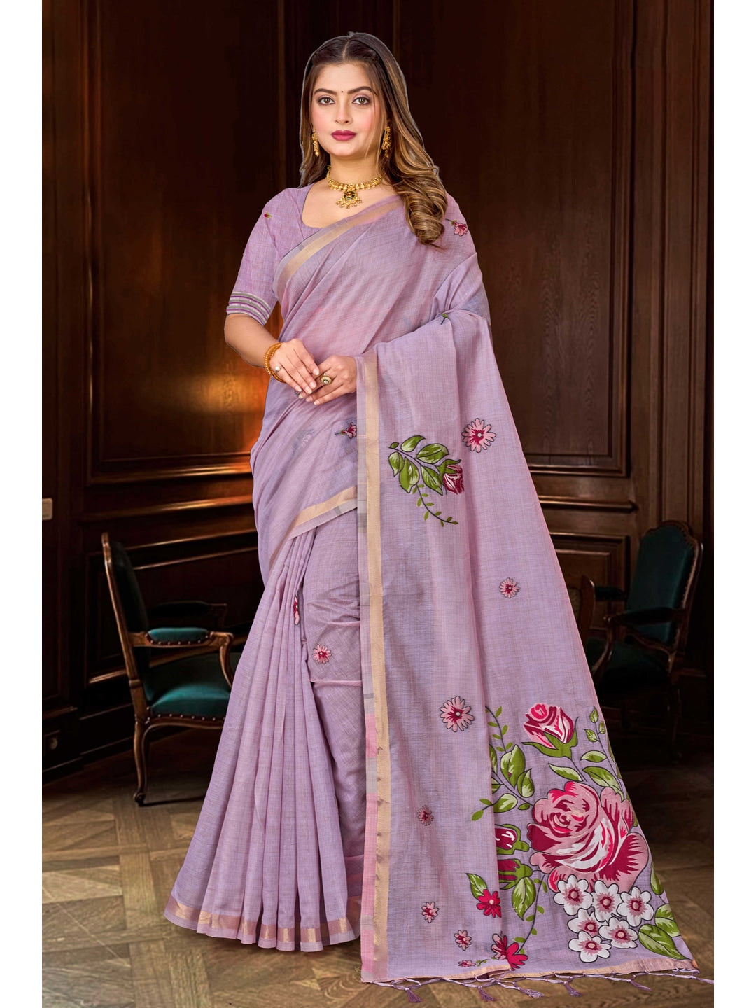 Peachmode Lavender Cotton Blend Katha Saree - Image 1