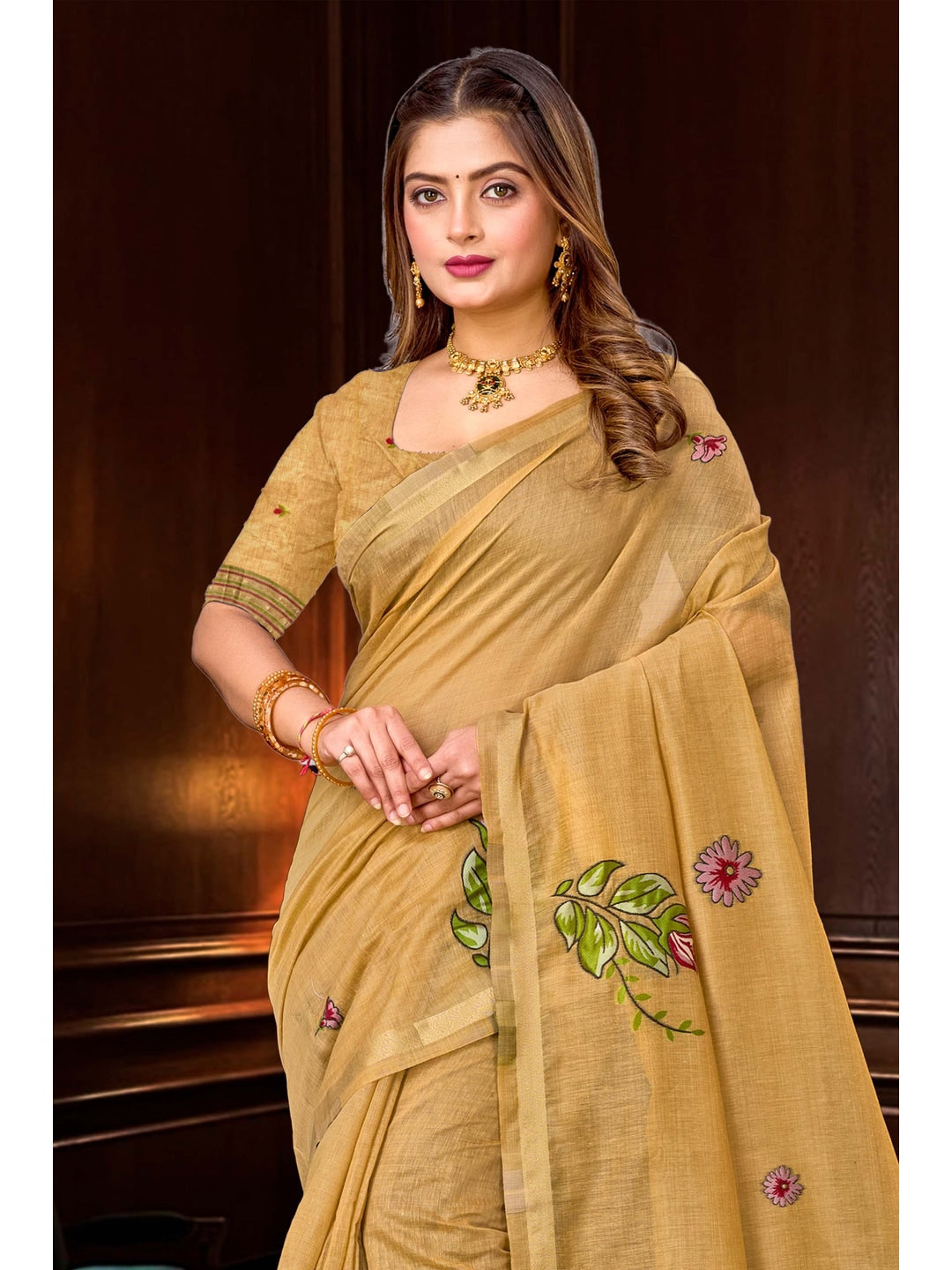 Peachmode Beige Cotton Blend Katha Saree - Image 2