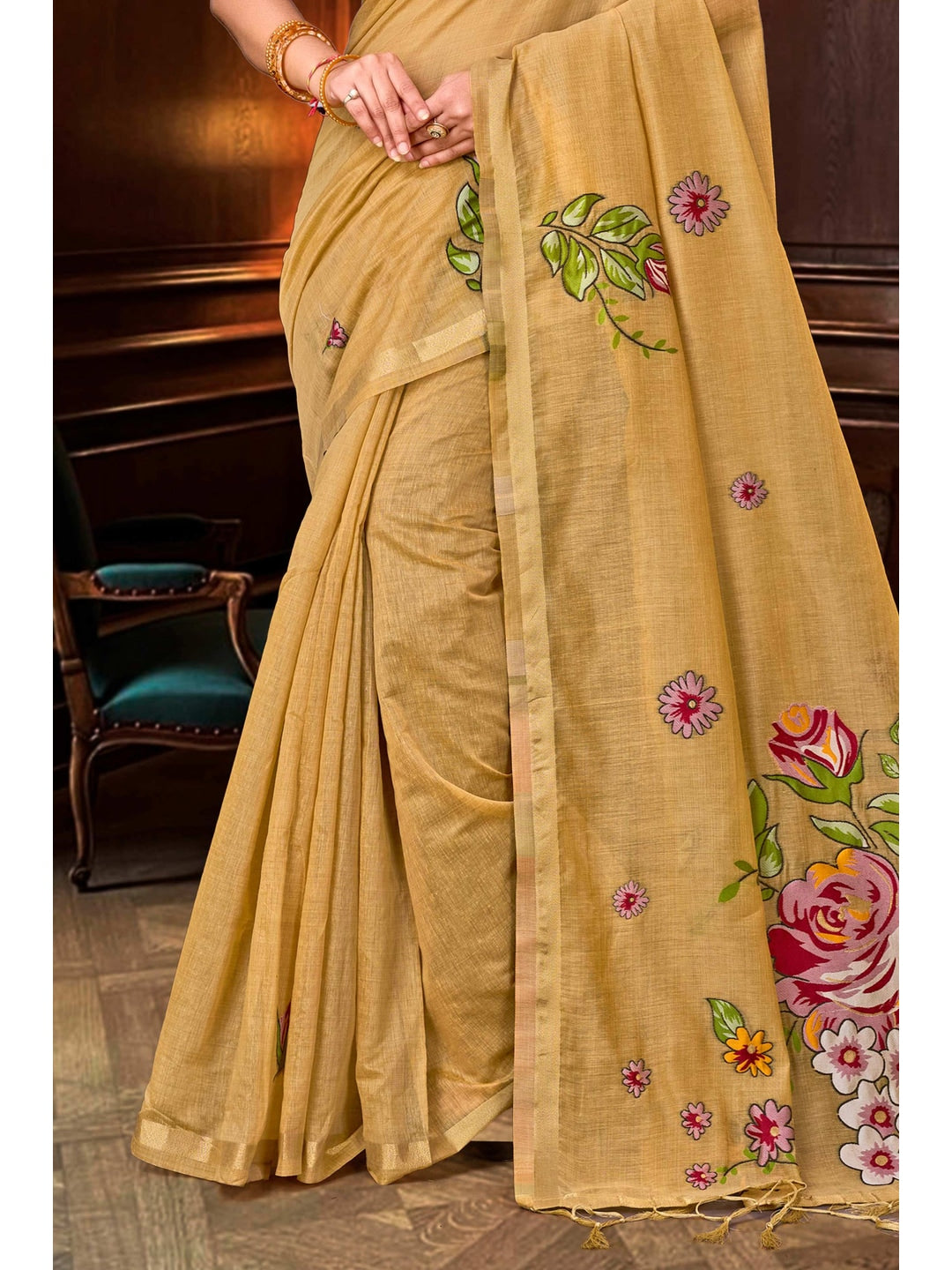 Peachmode Beige Cotton Blend Katha Saree - Image 3