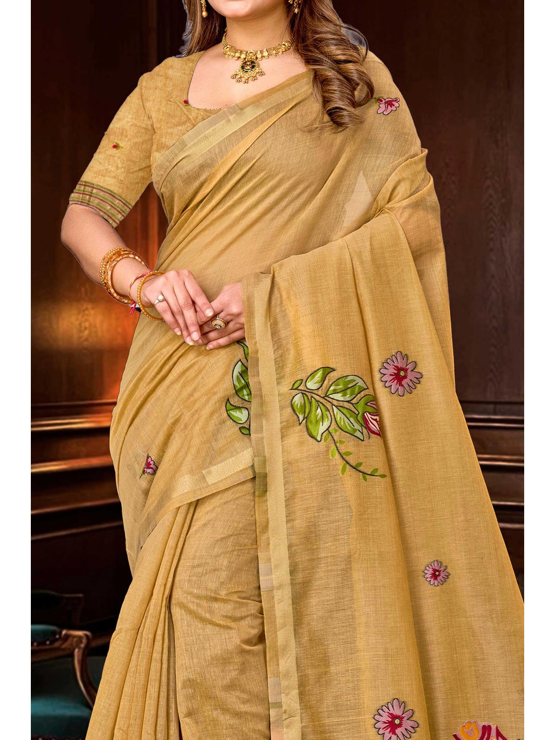 Peachmode Beige Cotton Blend Katha Saree - Image 5