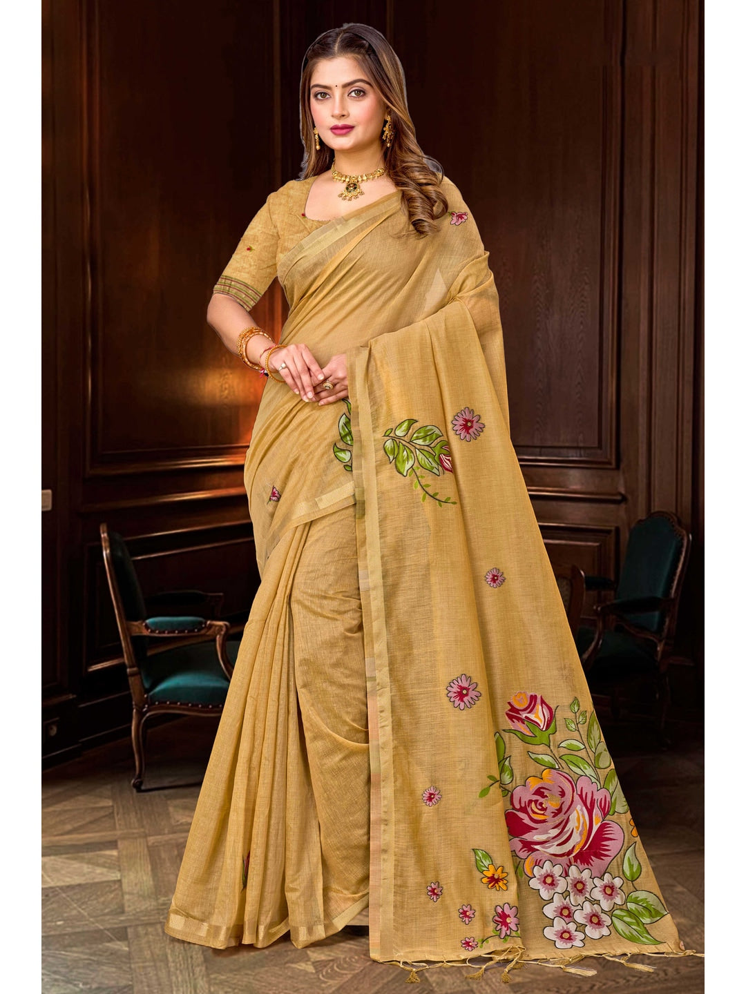Peachmode Beige Cotton Blend Katha Saree - Image 1