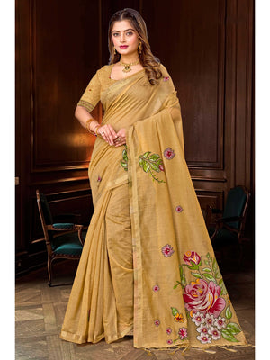 Peachmode Beige Cotton Blend Katha Saree - Image 1