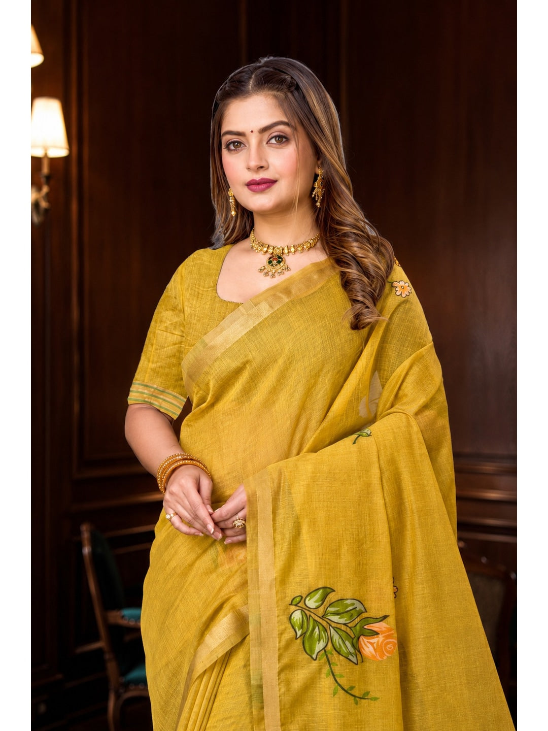 Peachmode Yellow Cotton Blend Katha Saree - Image 2