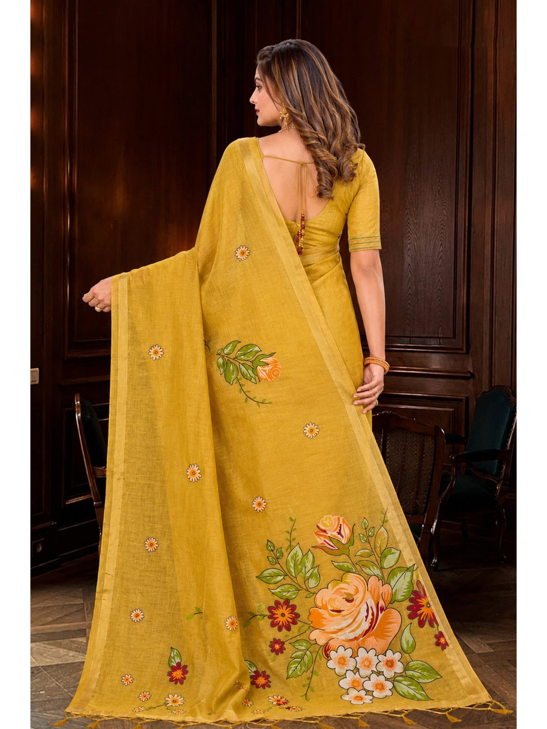 Peachmode Yellow Cotton Blend Katha Saree - Image 4