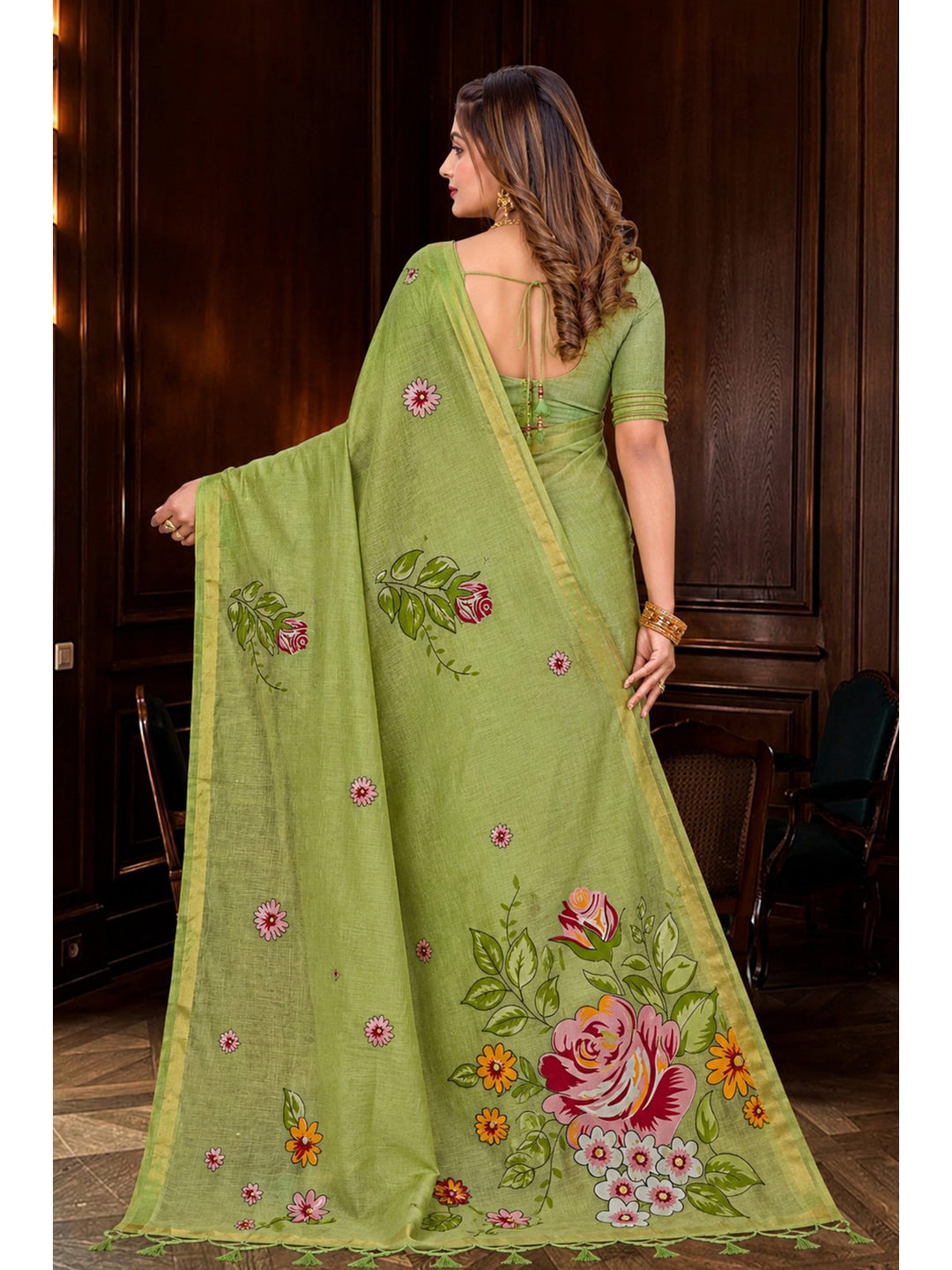 Peachmode Green Cotton Blend Katha Saree - Image 4