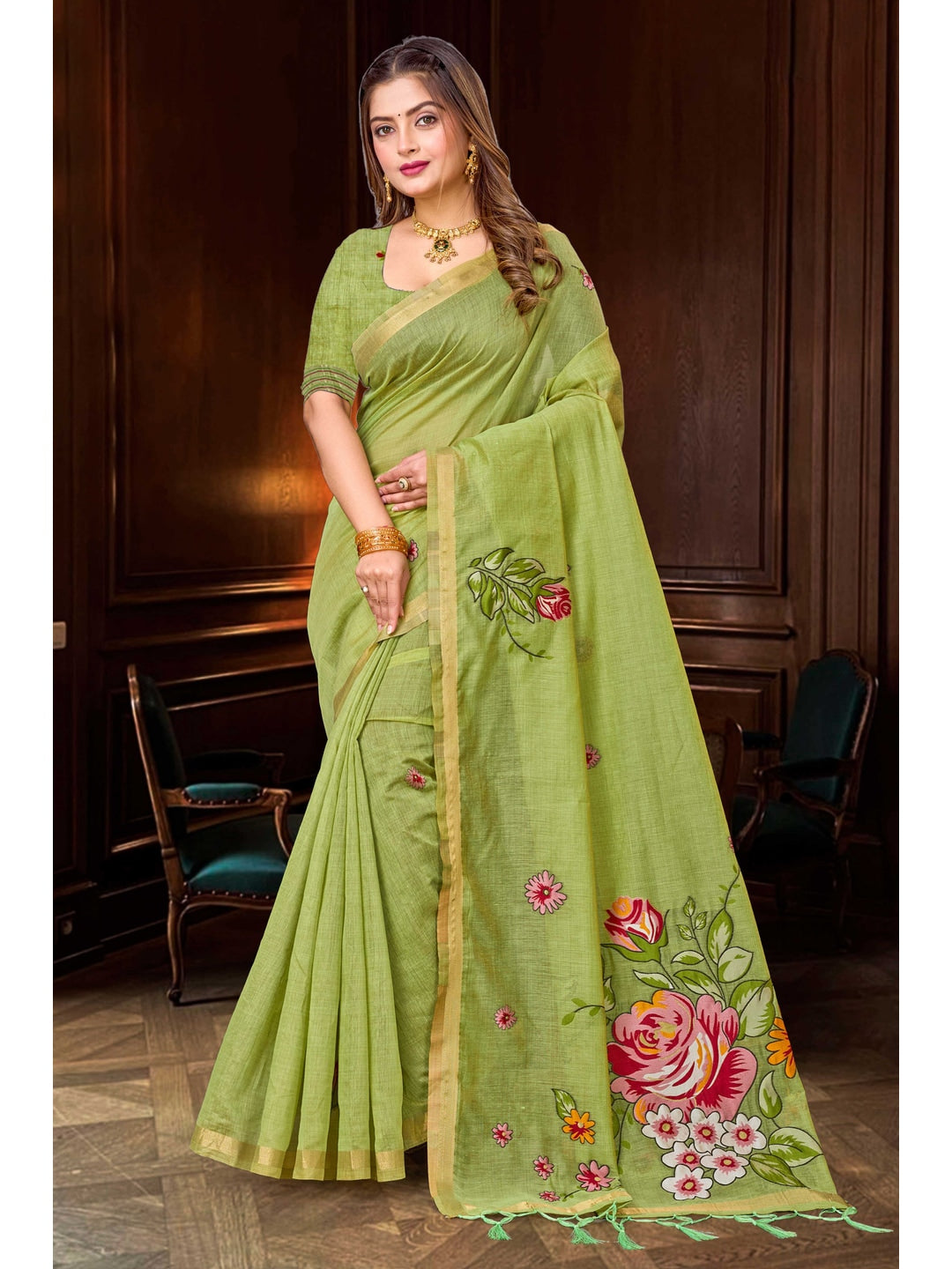 Peachmode Green Cotton Blend Katha Saree - Image 1