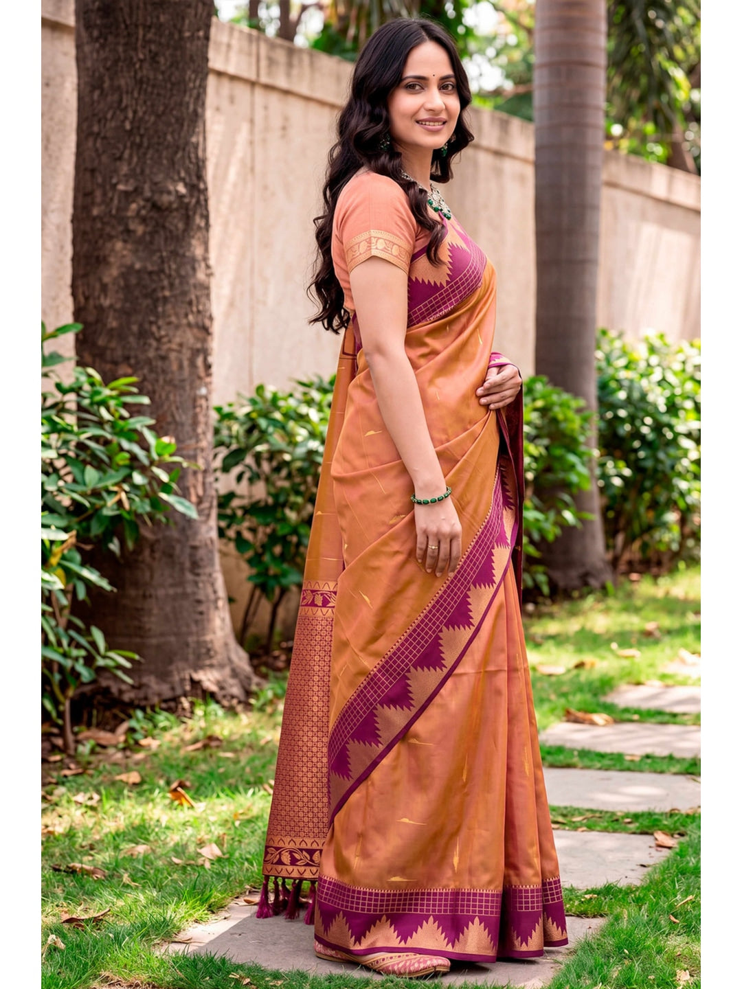Peachmode Orange Silk Blend Lichi Saree - Image 3
