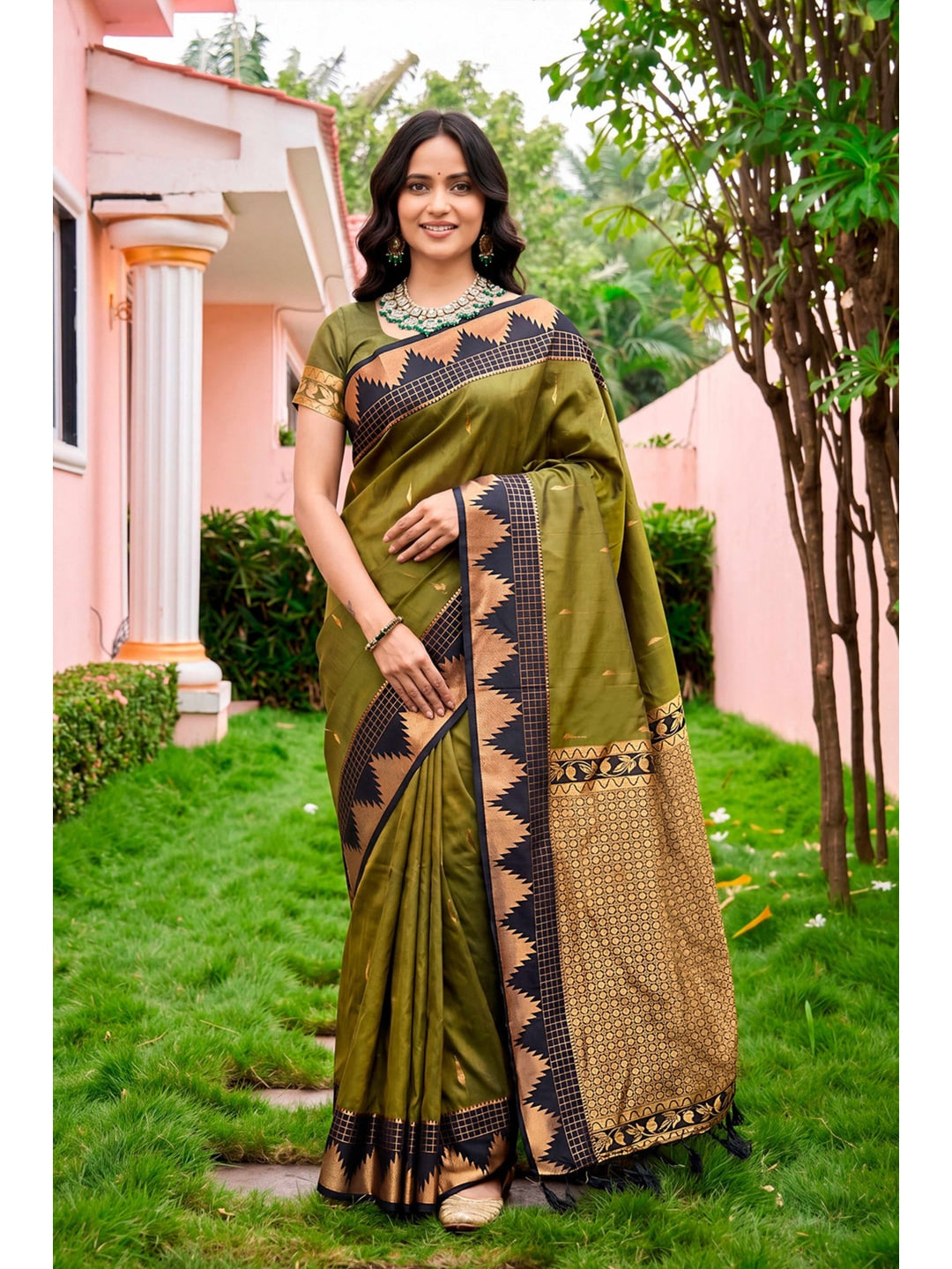 Peachmode Green Silk Blend Lichi Saree - Image 1