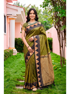 Peachmode Green Silk Blend Lichi Saree - Image 1
