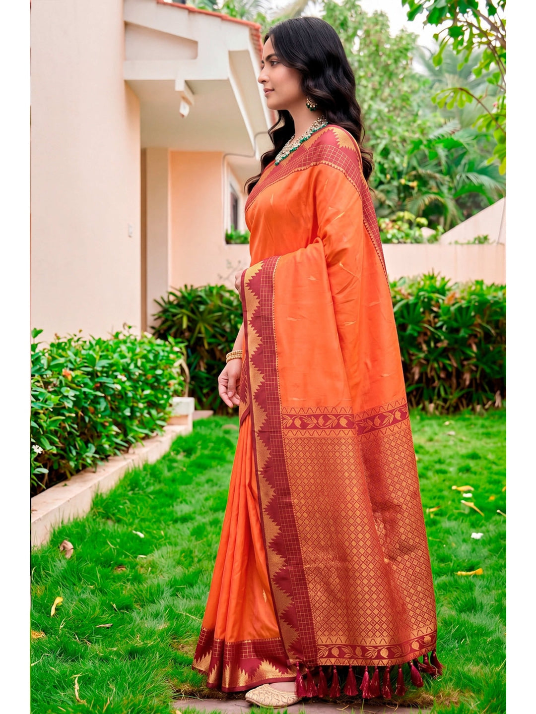 Peachmode Orange Silk Blend Lichi Saree - Image 2