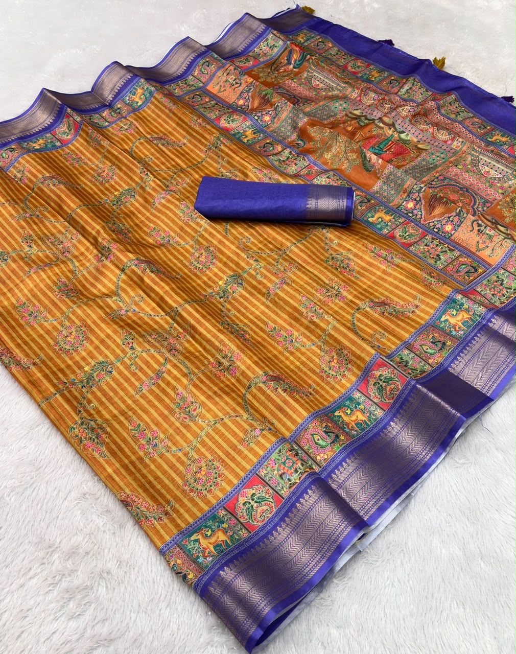 Peachmode Mustard Dola Silk Position Digital Print Saree - Image 7