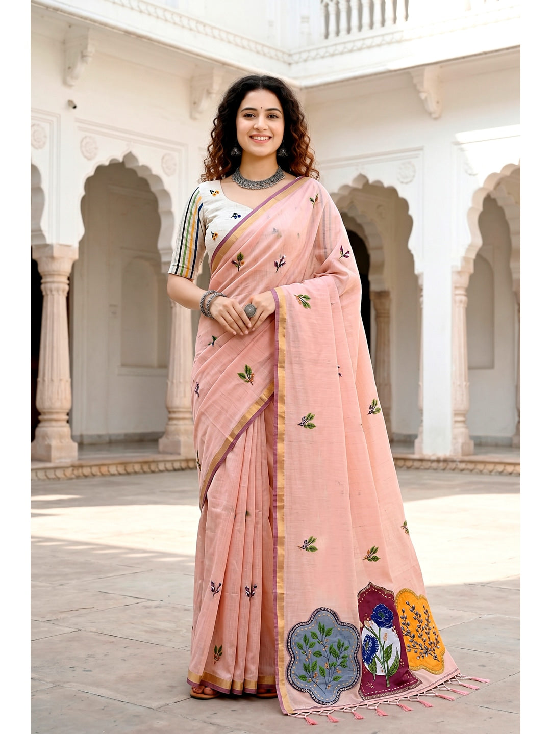Peachmode Peach Cotton Blend Mridula Saree - Image 1