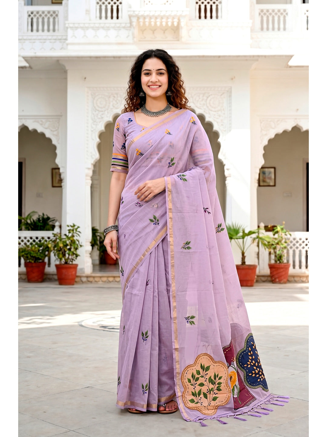 Peachmode Lavender Cotton Blend Mridula Saree - Image 1