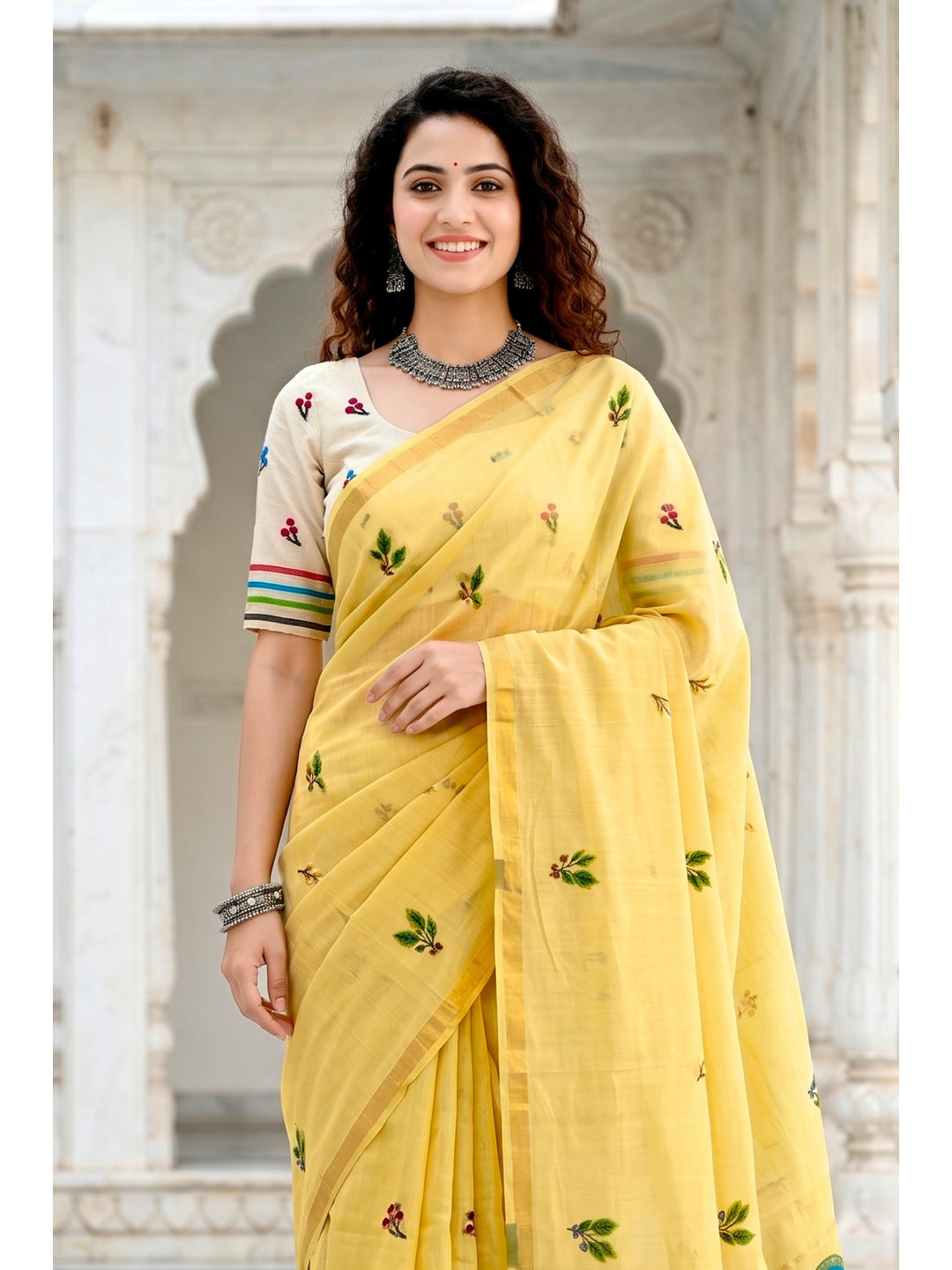 Peachmode Yellow Cotton Blend Mridula Saree - Image 2