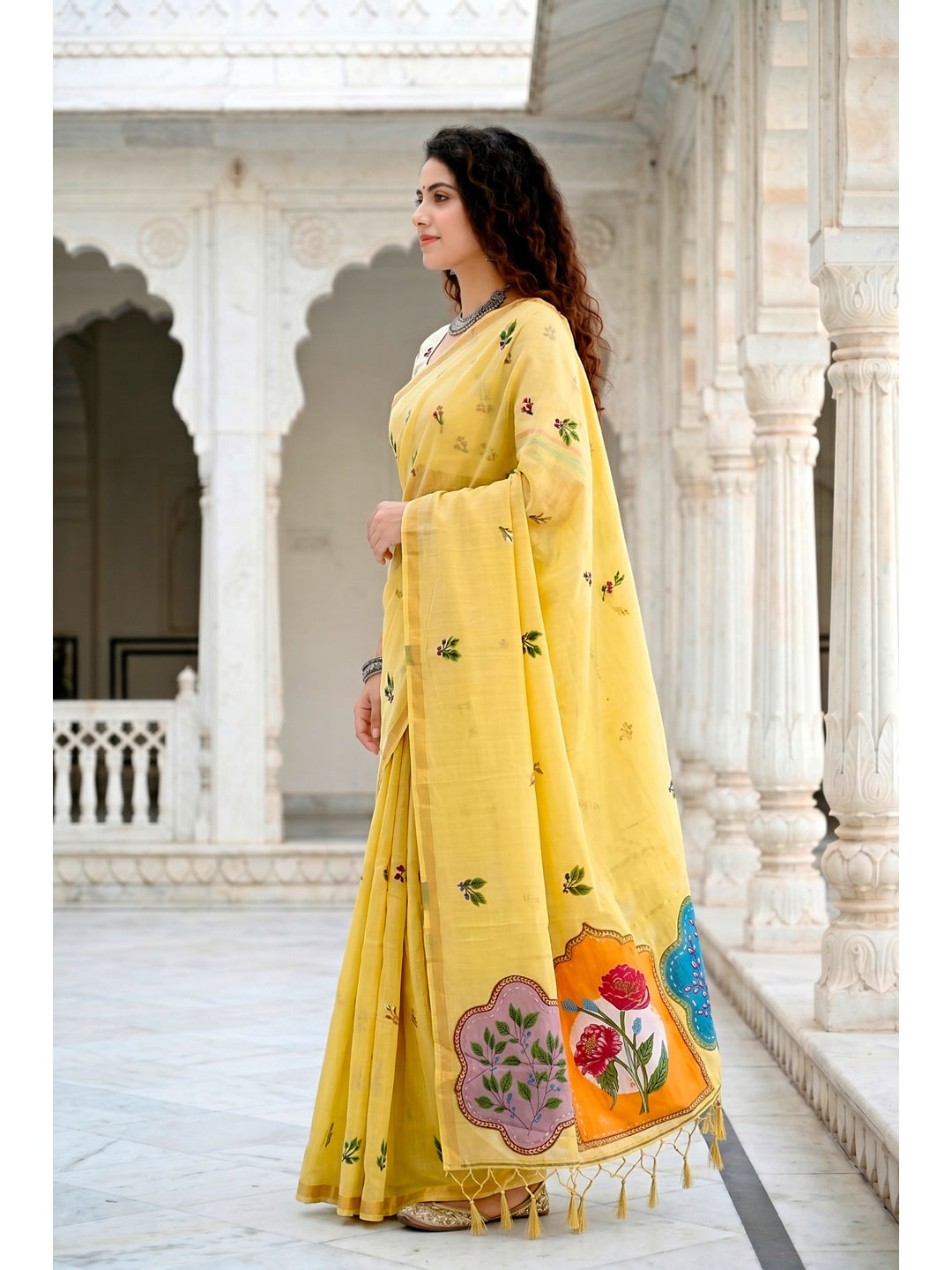 Peachmode Yellow Cotton Blend Mridula Saree - Image 3