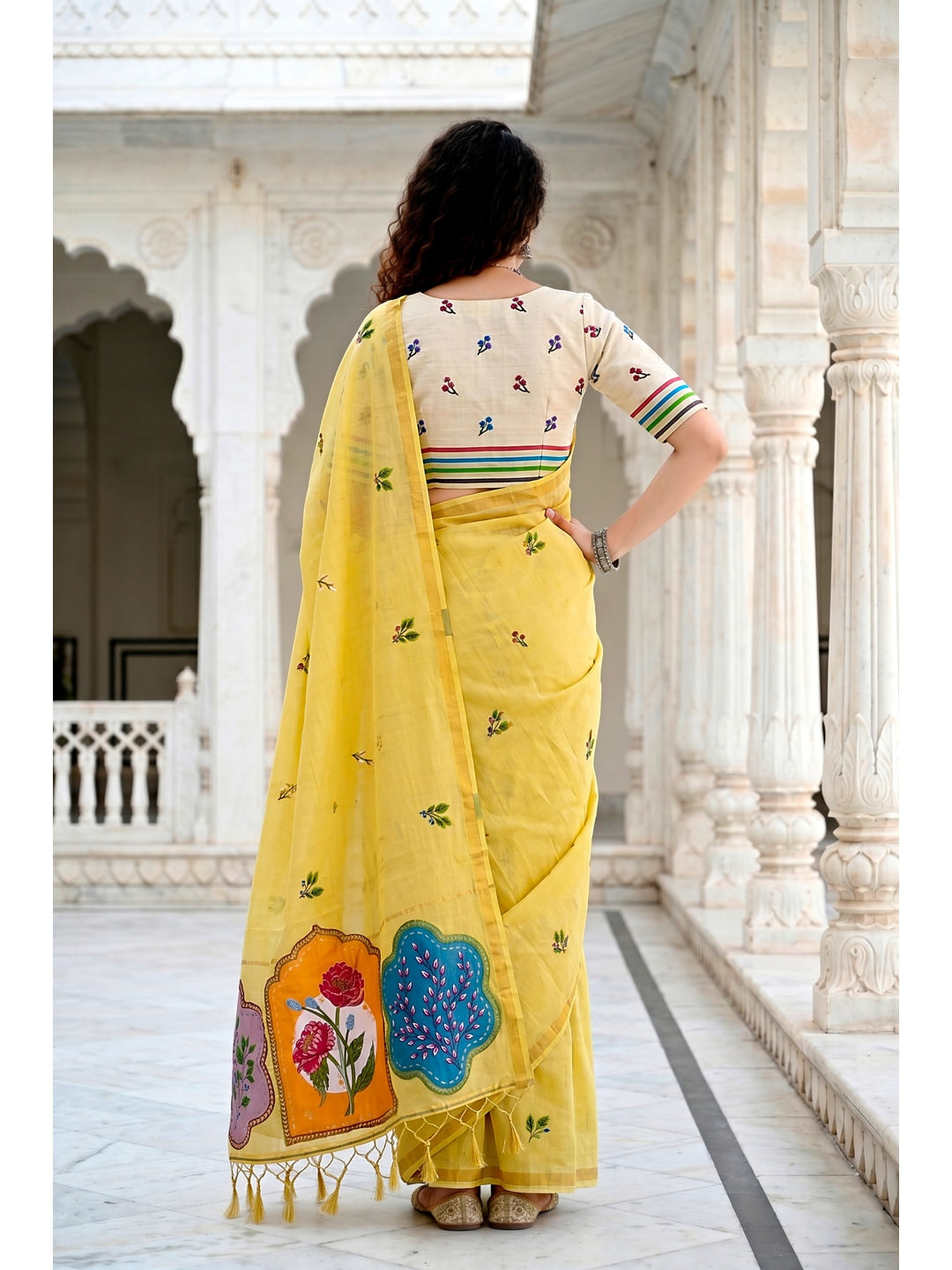 Peachmode Yellow Cotton Blend Mridula Saree - Image 4